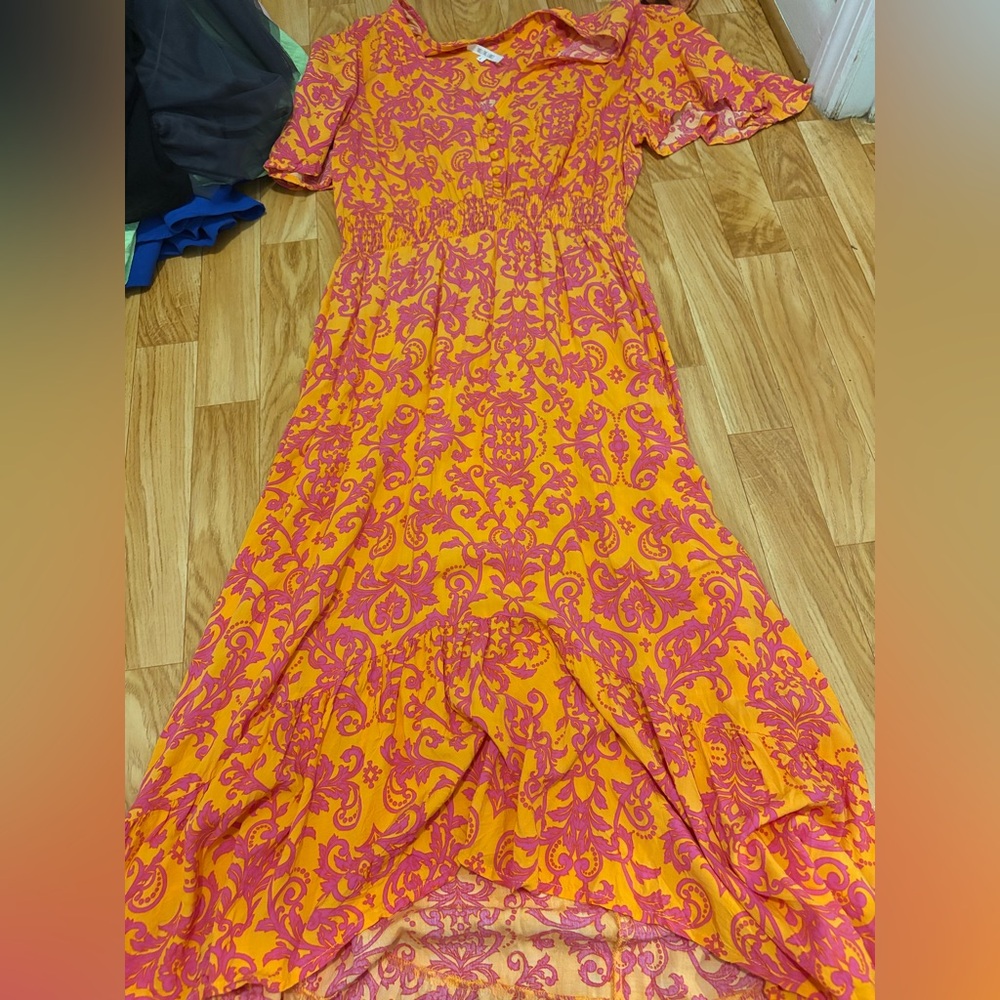 Pink and Orange Printed Maxi Dress with Shirred Waist
